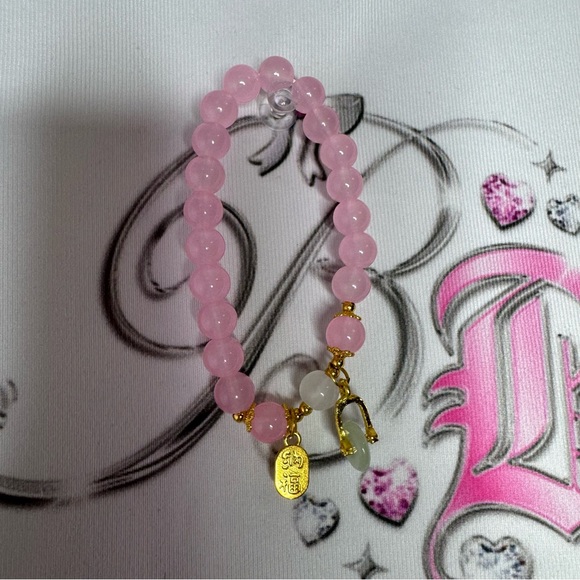 Bracelet beaded stretchy Asia circle dangly charms Chinese symbols pink gold - Picture 2 of 5